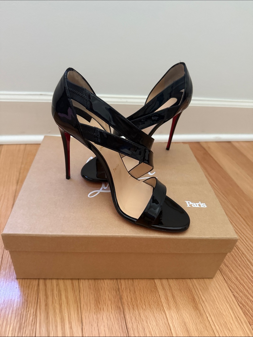 Christian Louboutin Black Patent Leather Crisscross Sandals